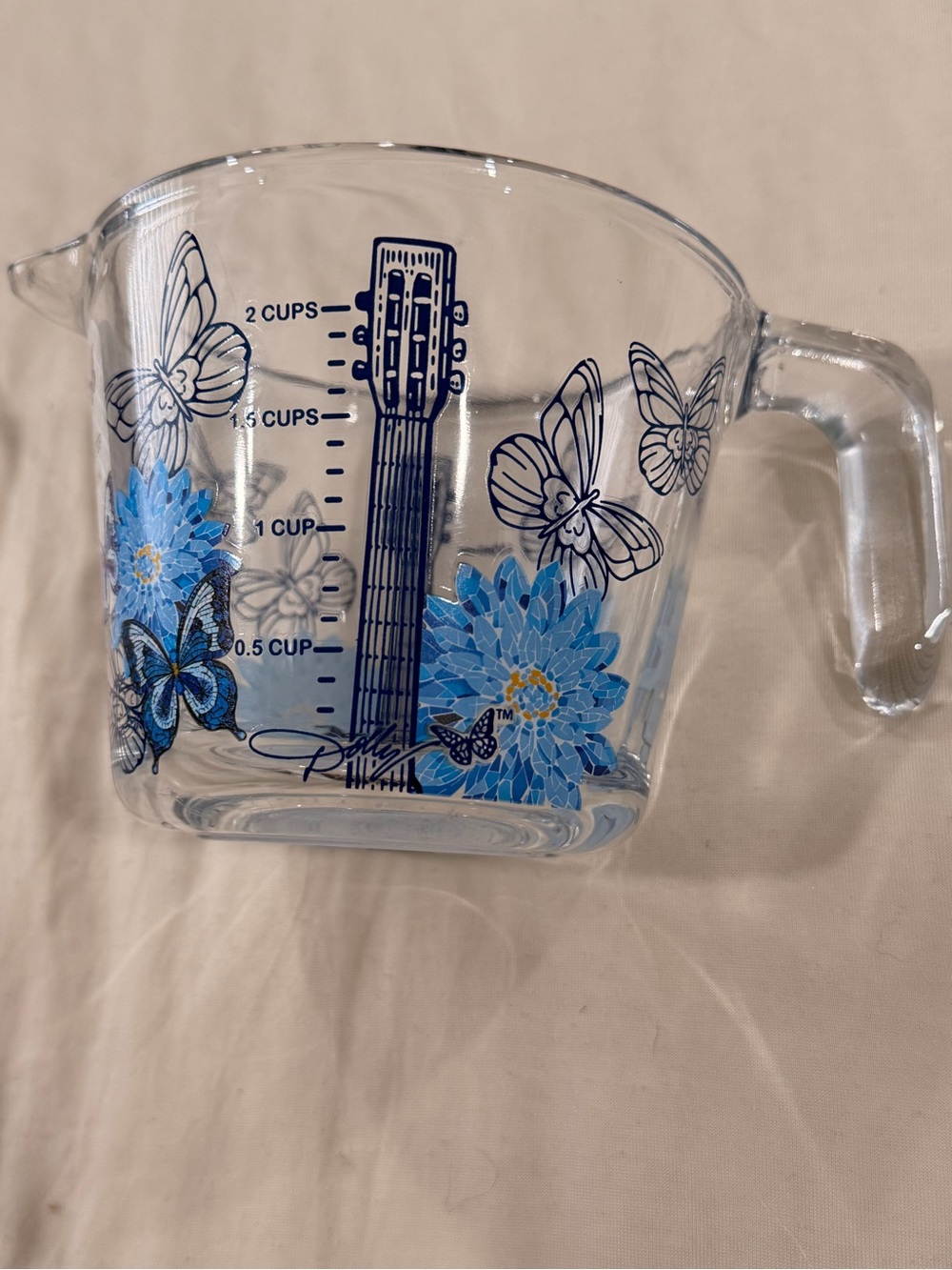 Dolly Parton Blue Floral Butterfly GLASS Measuring Cup - 2 cup - Picture 3 of 6